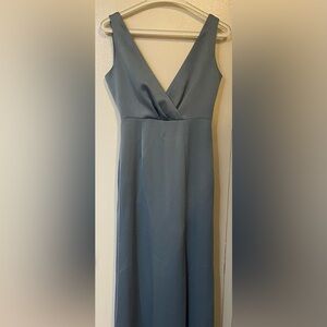 BHLDN Dusty Blue Piper Vneck Side Slit Pleated‎ Satin Gown Sz 2